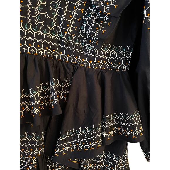 ULLA JOHNSON Anais Mini Dress Ruffle Embroidered V-Neck Black Noir Cotton 2 NWT - Picture 9 of 15